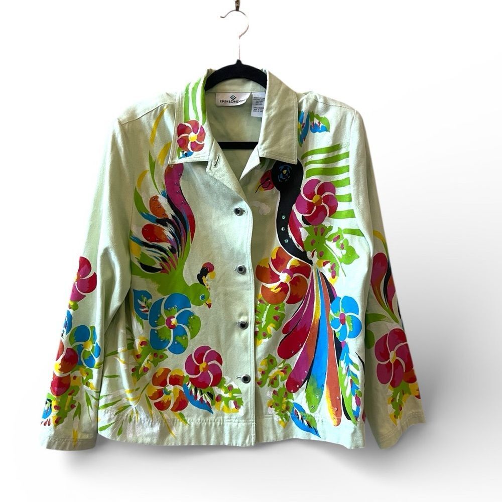 Erin London 100% Silk Jacket Shacket Sz L Bejeweled Lime Green Parrot Flowers‎